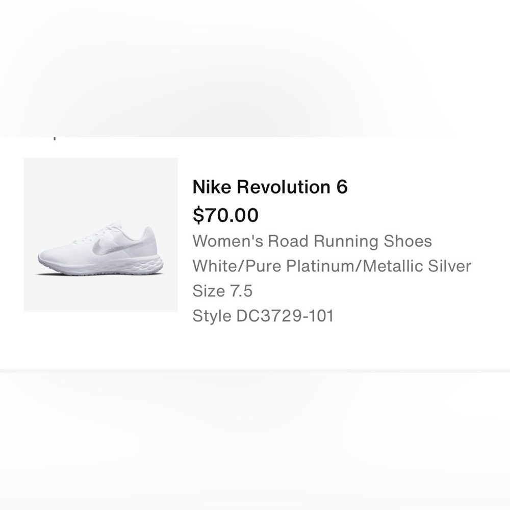 Nike Revolution 6. Size 7.5. White w/ silver.